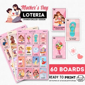 Moederdagloteria, Loteria Dia de las Madres, 60 borden, 48 visitekaartjes, perfect voor Moederdag, direct te downloaden!