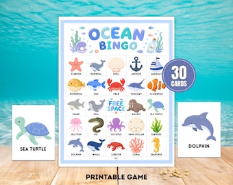 Ozean Bingo • 30 Druckkarten • Unter dem Meer Partyspiel