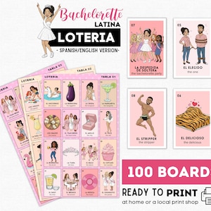 Bachelorette Latina Loteria, multiculturele tweetalige vrijgezellenfeestbingo, roze afdrukbaar partyspel, 100 borden