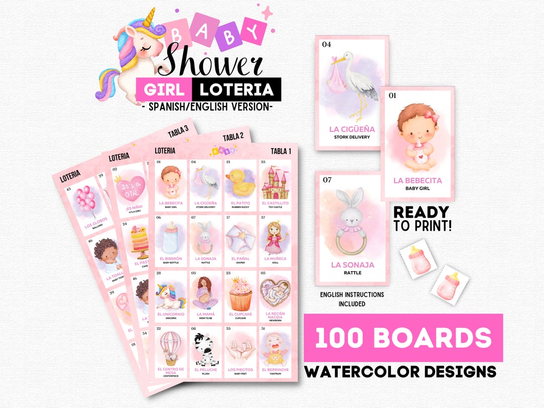 Girl Baby Shower Loteria, Girl Loteria Baby Shower Niña, 100 Unique ...