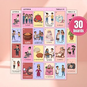 May include: A set of 30 Loteria game boards with colorful illustrations. Each board features a grid of images with Spanish text. A pink circle with the text "30 boards" is visible.