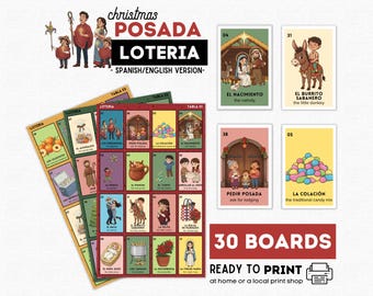 May include: A Christmas Posada Lotería game set with 30 boards, ready to print. The game features colourful illustrations of nativity scenes, characters, and traditional elements. Includes Spanish and English text.