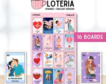 Loteria de Dia dos Namorados, 16 cartelas para imprimir, Bingo Bilíngue do Amor para o Dia das Amigas