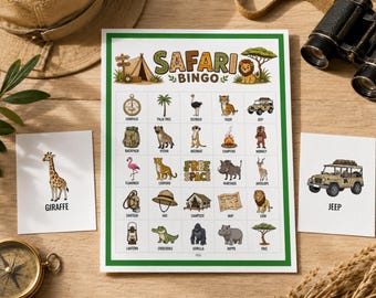Gra Safari Bingo, 50 kart do wydrukowania, zabawa urodzinowa w dżungli dla dzieci w klasie
