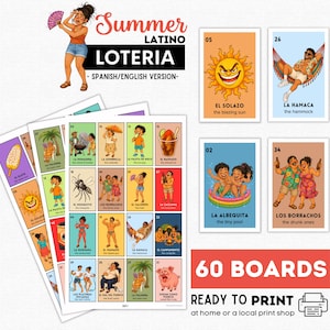 May include: A Summer Latino Loteria game set featuring Spanish and English text. The collection includes multiple game boards with colorful illustrations of various characters and objects, alongside individual cards like El Solazo and La Hamaca.