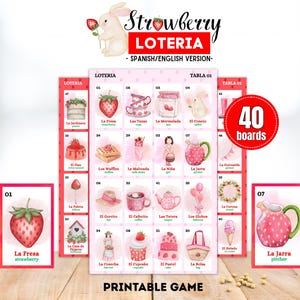 Bilingual Strawberry Birthday Loteria, Berry First Party Bingo Game, Tea Party Activity, 40 Boards image 1