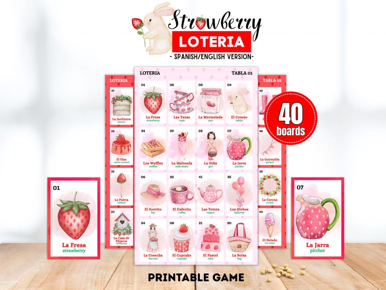 Bilingual Strawberry Birthday Loteria, Berry First Party Bingo Game, Tea Party Activity, 40 Boards image 1