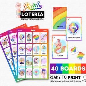 Pride Loteria: 40 Boards, LGBTQ+ Bingo, Gay Rainbow Theme, Watercolor (PDF Download)