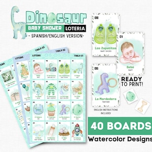 Dinosaurus babyshower loteria, loteria babyshower dinosauriërs, 40 borden, babyshower dinosaurusbingo, neutraal gender-onthullend dinosaurusthema