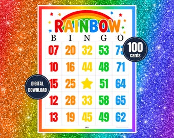 Regenbogen Nummeriertes Bingo • 100 Karten • Druckbares buntes Partyspiel