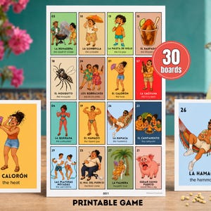 May include: A printable game set featuring a large board with 16 illustrated cards and two individual cards, each displaying colorful cartoon characters and Spanish text with English translations. A red circular badge indicates 30 boards included.