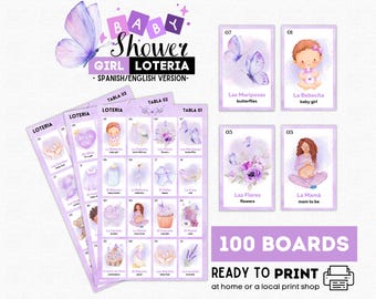 Butterfly Baby Shower Loteria, BIlingual Girl Purple Gender Reveal Bingo Game, 100 Printable Boards
