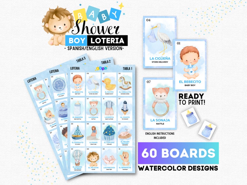 Boy Baby Shower Loteria, Loteria Baby Shower Niño, 60 Unique Boards ...