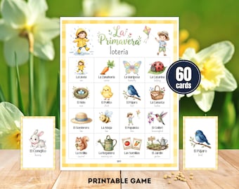 La Primavera Loteria, Spring Bingo Game, Printable Kids Game, Classroom Activity, 60 Cards