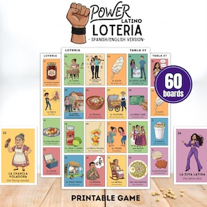 Bilingual Hispanic Heritage Loteria, Latino Culture Bingo Game, Multicultural Party Activity, 60 Boards