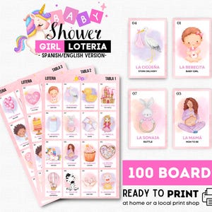 Op de afbeelding: Roze babyshower loterijspelset met kaarten en borden. De kaarten bevatten illustraties van babygerelateerde items en Spaans/Engelse tekst. De set bevat 100 borden en is klaar om af te drukken.