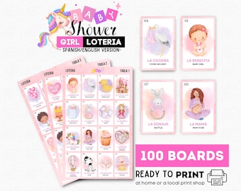 Mädchen-Babyparty Loteria, zweisprachiges rosa Geschlecht offenbaren Bingospiel, Partyaktivität, 100 Bretter