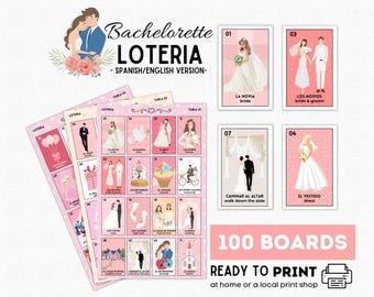 Bilingual Róse Bachelorette Loteria, Pink Tones Bridal Shower Bingo Game, 100 Printable Boards