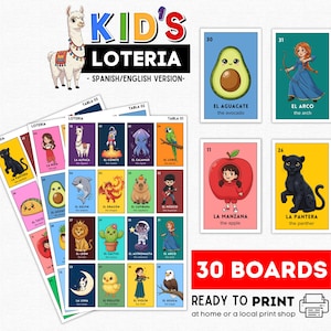 May include: A colorful children's Loteria game set with cards featuring illustrations and Spanish/English text. The set includes 30 boards and is ready to print. The cards depict various images, including an avocado, an apple, and a panther.