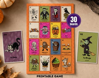 Retro Halloween Loteria, 30 Spielbretter, zweisprachiges, kinderfreundliches Grusel-Bingo-Spiel (Digitaler Download)