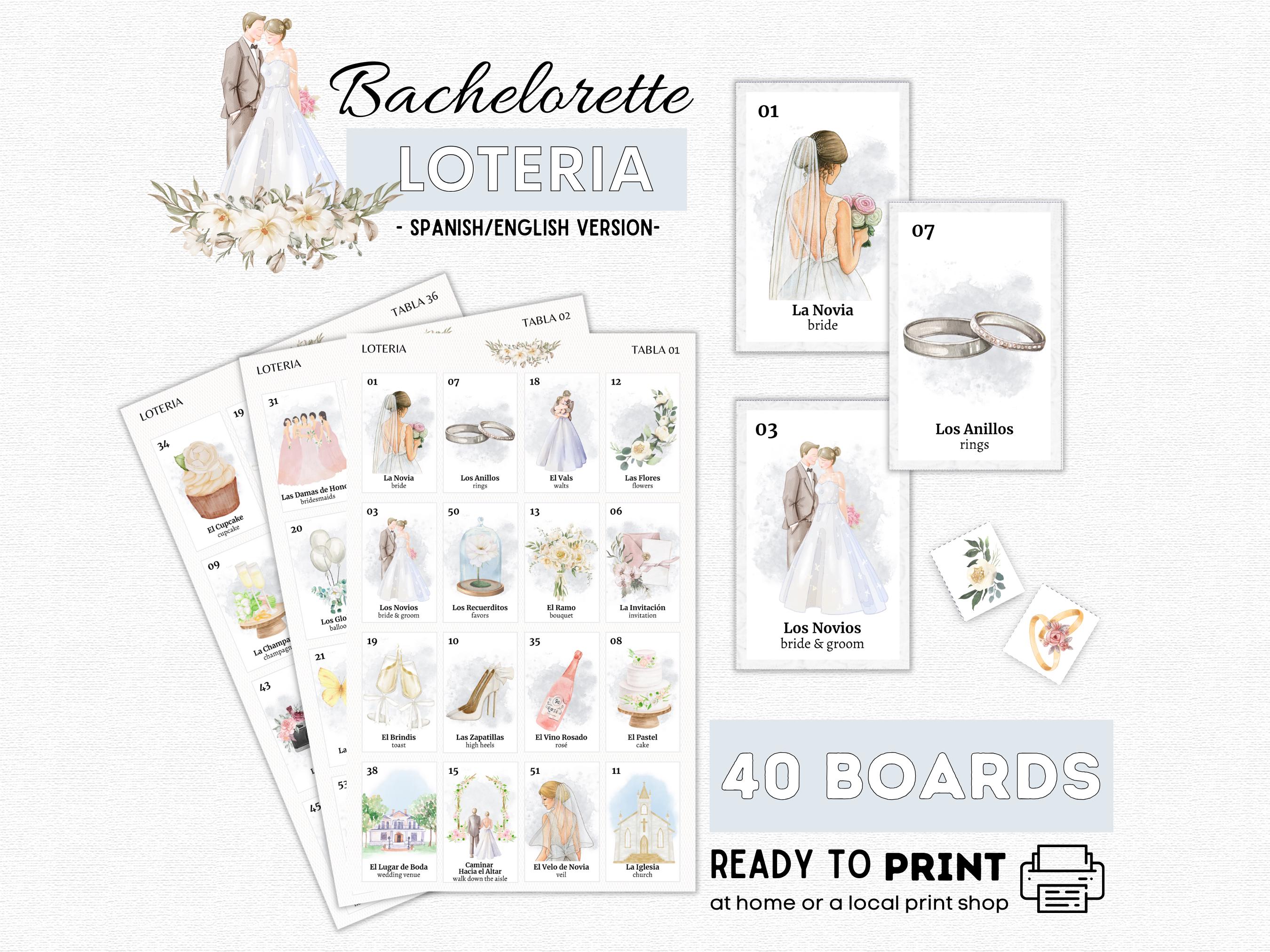 White Bachelorette Loteria Game, 40 Boards, Bridal Shower Bingo Game (Digital Download)
