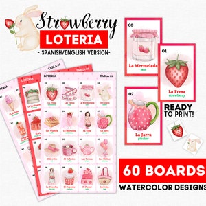 Lotería de Fresas, 60 tableros, 54 tarjetas de visita, fichas, fiesta del té, bingo de cumpleaños con tema de fresas, Lotería de Fresas, ¡descarga instantánea!