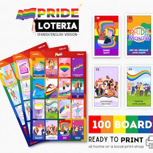 Op de afbeelding: Pride Lotería-spelset met kleurrijke illustraties en tekst in het Spaans en Engels. De set bevat spelborden en individuele kaarten met afbeeldingen en zinnen die betrekking hebben op Pride Month en LGBTQ+-thema's. De tekst luidt "100 Boards Ready to Print."