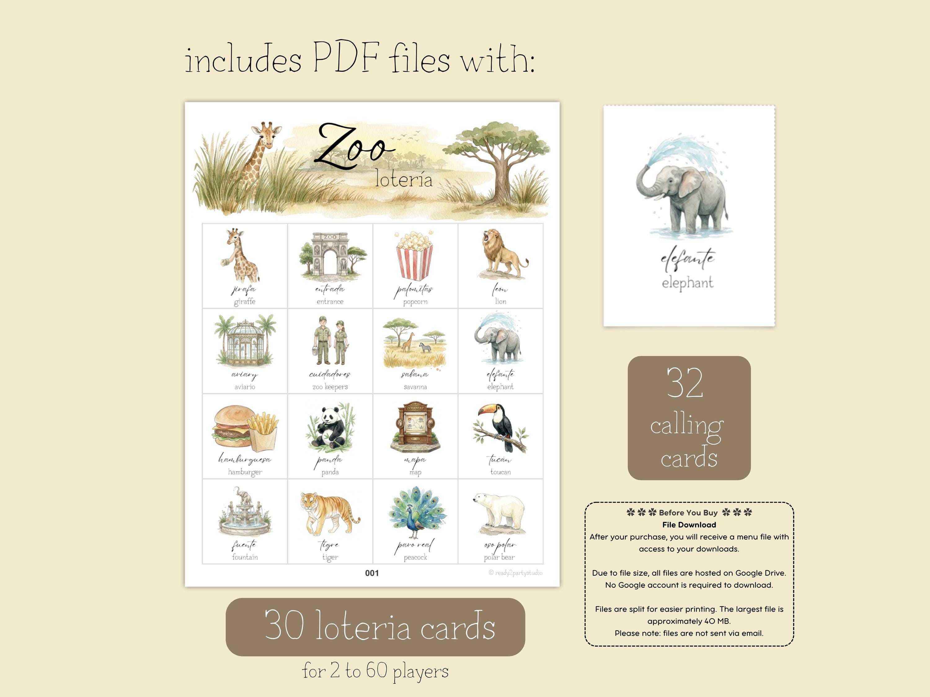 Zoo Bingo • 30 Printable Cards • Bilingual Zoo Animal Loteria ...