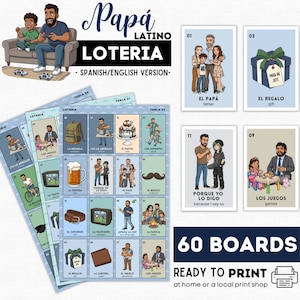 May include: A Papá Latino Loteria game set featuring multiple game boards and individual cards with illustrated characters and objects. The cards include Spanish and English text labels, depicting scenes like a father with children, gifts, and games.