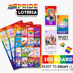 Lotería del Mes del Orgullo, 100 tableros, Loteria LGBTQ+, Rainbow Pride Bingo, Educación LGBTQ+ (13+) Mes del Orgullo, Orgullo Gay, ¡Descarga instantánea!
