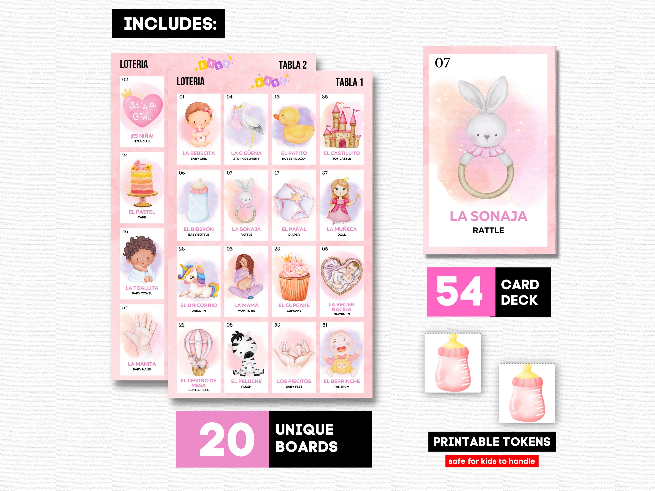 Loteria Baby Shower Niña, Loteria Niña Baby Shower Niña, 20 Tableros ...
