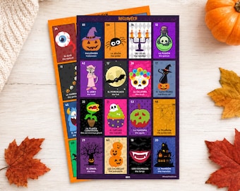 Könnte beinhalten: Ein rechteckiges Halloween-Spielbrett mit einem Raster aus sechzehn farbenfrohen Illustrationen, darunter ein Kürbis, eine Spinne, ein Totenkopf, eine schwarze Katze und ein Spukhaus, jeweils beschriftet mit einer Nummer und Text.