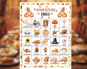 May include: A Thanksgiving Bingo card featuring illustrations of autumnal symbols such as pumpkins, a turkey, and pilgrims. The card is labelled "Thanksgiving Bingo" and has a grid layout with various images.