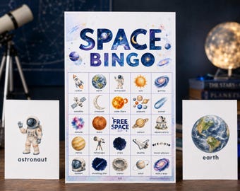 Ruimtebingospel, 100 printbare kaarten, astronomische activiteit over het zonnestelsel