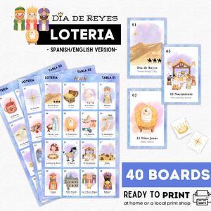 Op de afbeelding: Een Dia de Reyes Loteria-spelset met 40 borden, klaar om af te drukken. Het spel bevat illustraties van de Drie Koningen, Baby Jezus en andere religieuze en culturele symbolen. De tekst op de kaarten is in het Spaans en Engels.