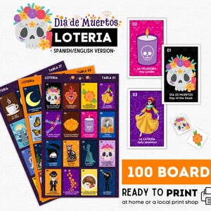 Día de Muertos Loteria, Day of the Dead Bingo, 100 Boards, 48 Cards, Tokens, Halloween Mexican Party, Mexican Party, Instant Download!