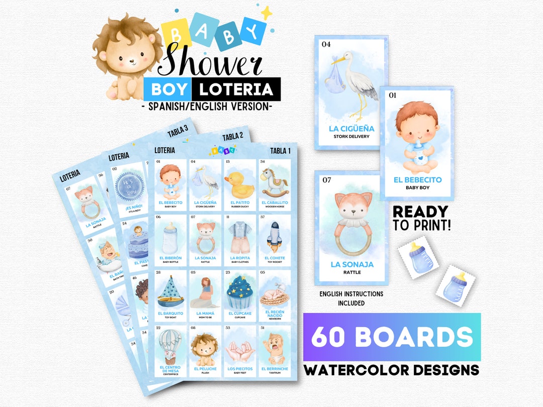 Boy Baby Shower Loteria, Loteria Baby Shower Niño, 60 Unique Boards ...