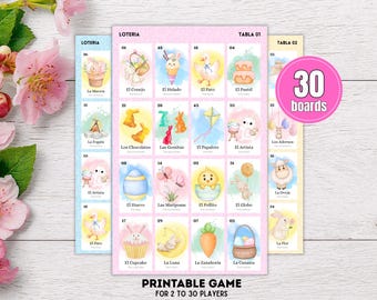 Spring Easter Loteria, Bilingual Bunny Bingo Game for Kids & Family Party, 30 Printable Boards