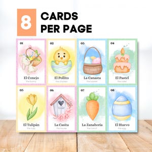 May include: Eight Easter-themed flashcards per page, each with a watercolor illustration and Spanish text. Images include a bunny, chick, basket, cake, tulip, house, carrot, and egg. The text reads "CARDS PER PAGE".