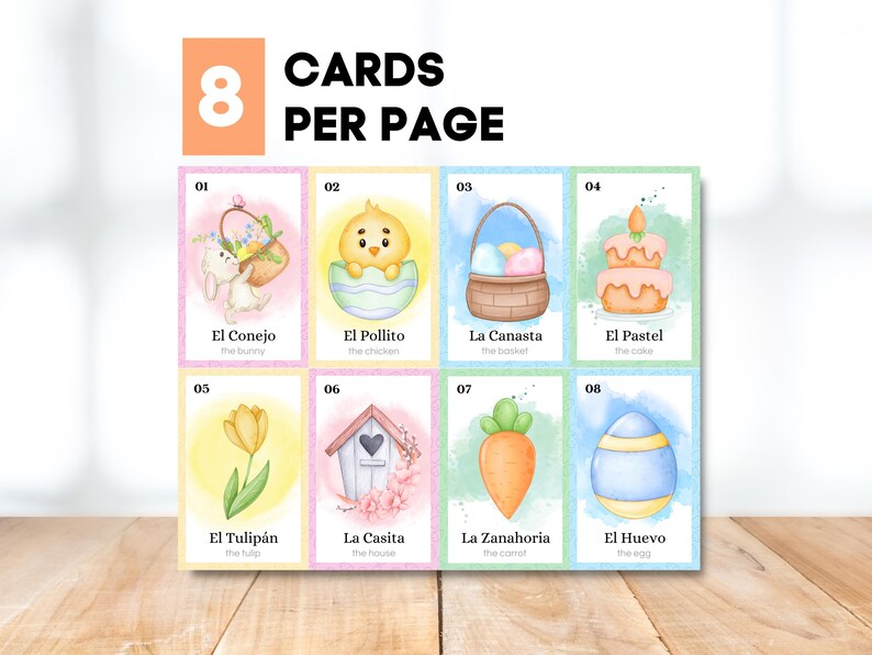 May include: Eight Easter-themed flashcards per page, each with a watercolor illustration and Spanish text. Images include a bunny, chick, basket, cake, tulip, house, carrot, and egg. The text reads "CARDS PER PAGE".