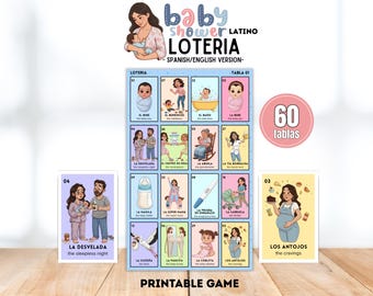 Baby Shower Loteria, 60 bedruckbare Tafeln, multikulturelle zweisprachige Gender Reveal Bingo