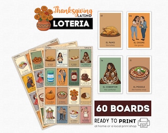 Danksagungs-Latino Loteria, 60 druckbare Bretter, multikulturelles zweisprachiges Lateinisches Herbst-Bingo