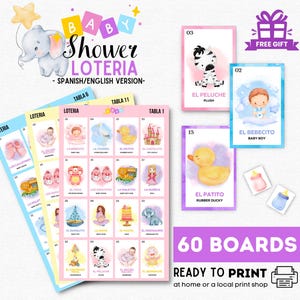 Loteria pour baby shower, 60 planches uniques, 56 cartes de visite, bingo mexicain pour baby shower, jetons imprimables, parfait pour une fête de révélation du sexe
