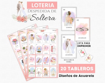 Loteria Despedida de Soltera, 20 Tableros Imprimibles, 54 Cartas Con Diseños de Boda, Bingo Despedida de Soltera, Descarga Inmediata