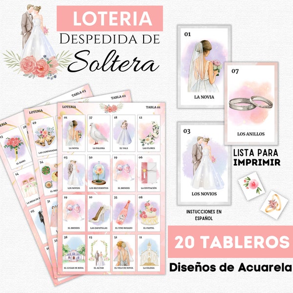 Loteria Despedida de Soltera, 20 Tableros Imprimibles, 54 Cartas Con Diseños de Boda, Bingo Despedida de Soltera, Descarga Inmediata