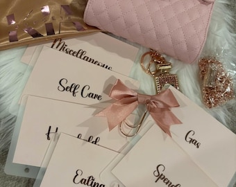 May include: Pink and white budget planner with categories labelled "Miscellaneous", "Self Care", "Household", "Gas", "Spending", and "Eating Out".