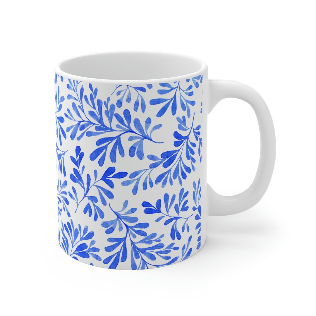 Floral Ceramic Mug Blue Flower Patterned Mug Gift for Friend Etsy