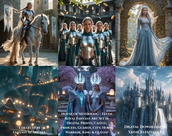 House of Silversong – Elven Royal Fantasy Art Set (6 Digital Prints, Castle, Princess, Guards, City, Horse Warrior, King & Queen)