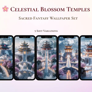 Celestial Blossom Temples – Sacred Fantasy PhoneWallpaper Set