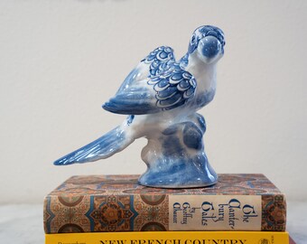 Blue and White Chinoiserie Parrot Figurine